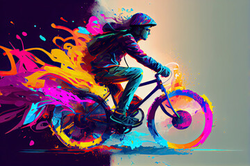 young man riding a bicycle with a colorful energy, digital art style