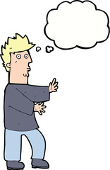 cartoon nervous man waving with thought bubble