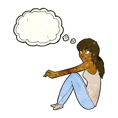 cartoon happy woman sitting with thought bubble