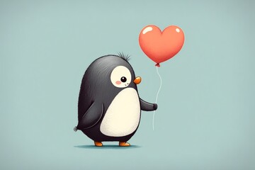 Cute cartoon penguin with a heart balloon