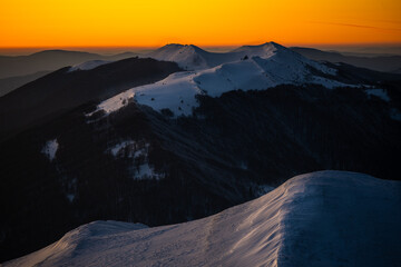 Winter mountain landscape. Polonina Wetlinska, Bieszczady National Park, Poland.