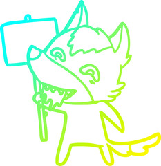 cold gradient line drawing cartoon hungry wolf with sign post