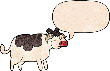 cartoon cow and speech bubble in retro texture style