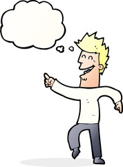 cartoon man pointing and laughing with thought bubble