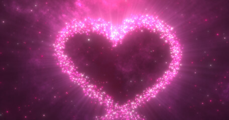Glowing purple love heart made of particles on a purple festive background for Valentine's Day