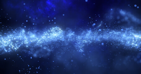 Abstract blue glowing flying waves of energy particles futuristic high tech background