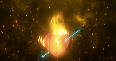 Plakat Abstract fiery loving heart burning in a flame pierced by an arrow of Cupid on a background of sparks