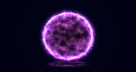 Abstract energy sphere round planet star futuristic cosmic purple beautiful glowing magic on black background. Abstract background