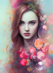 Portrait of a beautiful woman, Digital painting of a beautiful girl, Digital illustration of a female face. with flowers