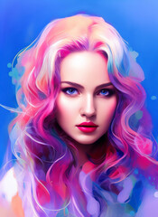 Obraz na płótnie Canvas Portrait of a beautiful woman, Digital painting of a beautiful girl, Digital illustration of a female face. colorful hair