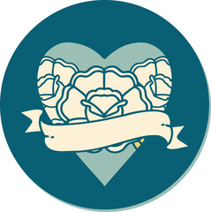 tattoo style sticker of a heart and banner with flowers