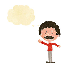 cartoon man with mustache waving with thought bubble