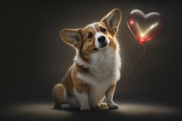 Cute corgi puppy with a glowing heart balloon