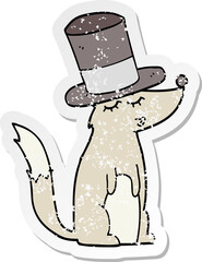 distressed sticker of a cartoon wolf whistling wearing top hat