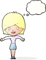 cartoon excited woman with thought bubble