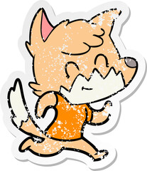 distressed sticker of a cartoon happy fox