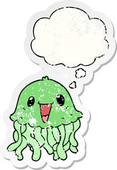 cartoon jellyfish and thought bubble as a distressed worn sticker