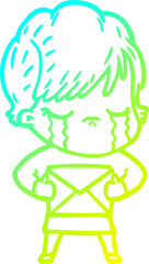 cold gradient line drawing cartoon woman crying