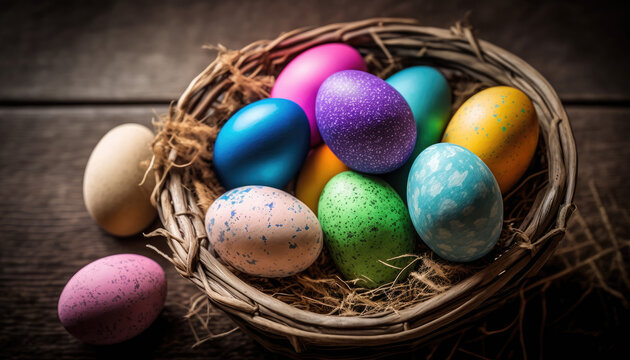 Colorful easter eggs in willow basket. Generative AI