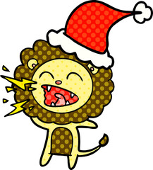 comic book style illustration of a roaring lion wearing santa hat