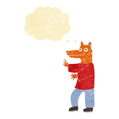 cartoon funny fox man with thought bubble