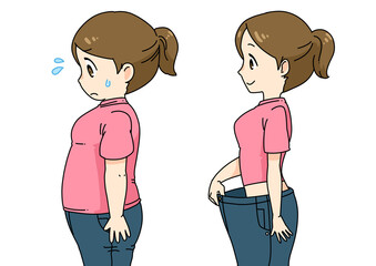 ダイエットに成功してズボンに隙間ができた元ぽっちゃり女性の漫画イラスト