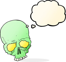 cartoon spooky old skull with thought bubble