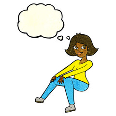cartoon happy woman sitting with thought bubble