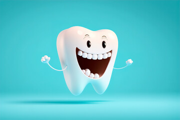 Cheerful tooth on a light background, with copy space. Clean and healthy teeth concept. Generative ai