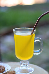 Glass of orange juice with reusable straw and two plates with cookies, served in a garden. Selective focus.
