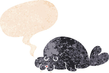 cartoon walrus and speech bubble in retro textured style