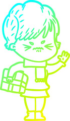 cold gradient line drawing cartoon frustrated woman