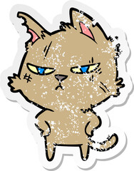 distressed sticker of a tough cartoon cat