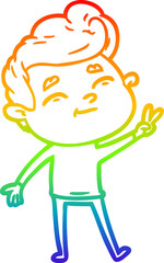 rainbow gradient line drawing happy cartoon man giving a peace sign