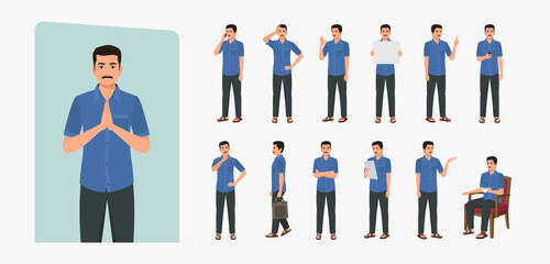Indian Man Wearing Shirt and Pant, Character set Different poses and emotions