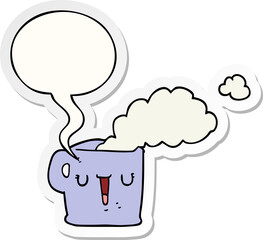 cartoon hot cup of coffee and speech bubble sticker