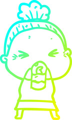 cold gradient line drawing cartoon angry old woman