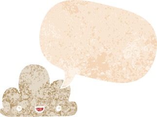 cartoon tiny happy cloud and speech bubble in retro textured style