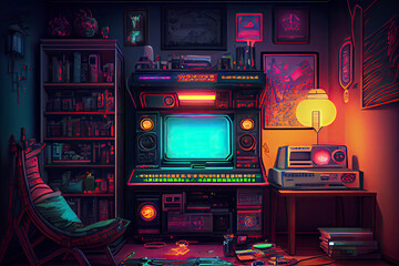 Games room with a cyber gamer computer. digital art