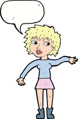 cartoon friendly woman waving with speech bubble