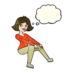 cartoon happy woman sitting with thought bubble