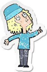 retro distressed sticker of a cartoon woman wearing winter hat