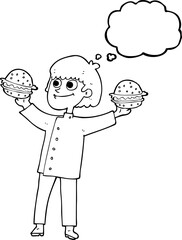 thought bubble cartoon chef with burgers
