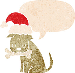 cute christmas dog and speech bubble in retro textured style