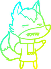 cold gradient line drawing cartoon wolf in winter clothes