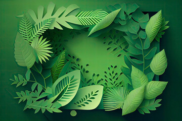 Green leaves frame on green background. Trendy origami paper cut style