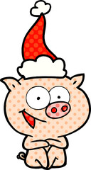 cheerful sitting pig comic book style illustration of a wearing santa hat