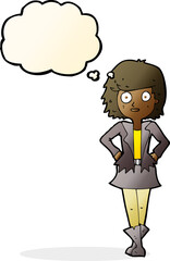 cartoon girl in jacket with thought bubble