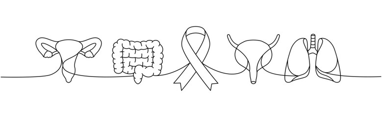 Reproductive system, intestines, bladder, lungs one line continuous drawing. Cancer awareness ribbon, AIDS ribbon continuous one line illustration.