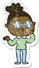 distressed sticker of a cartoon surprised woman wearing spectacles